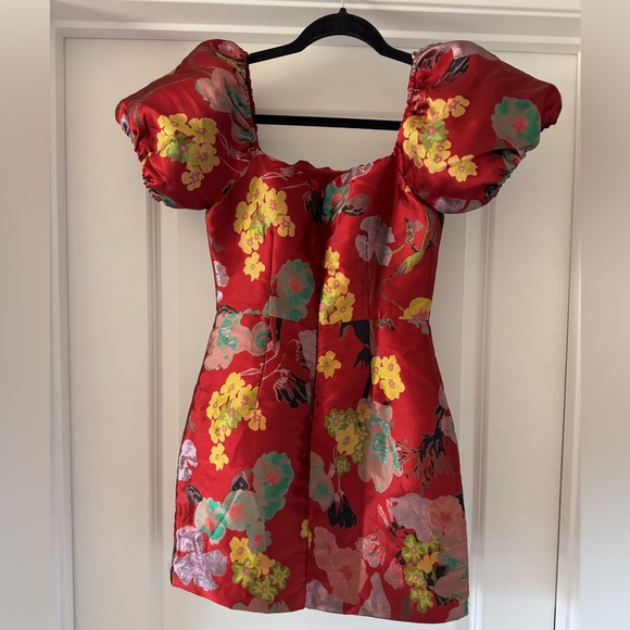 Lulus Red Multi Floral Jacquard Puff Sleeve Dress - Perfect for Spring! - Picture 5 of 7